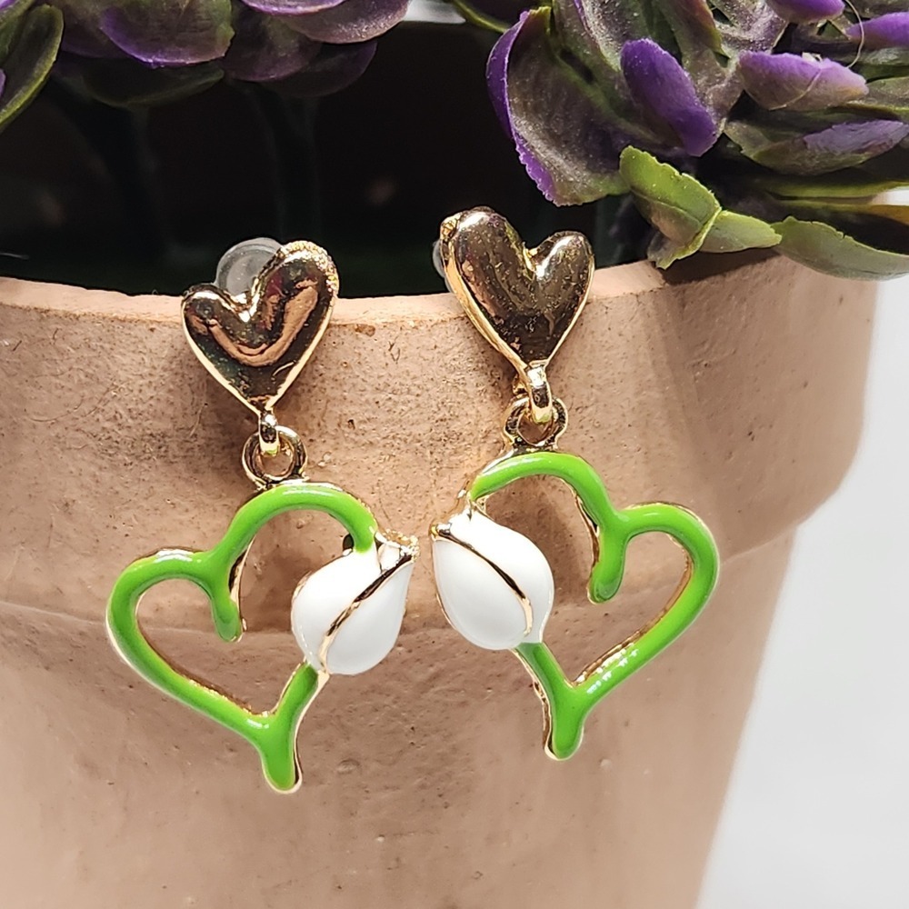 Gold Tone Green Enamel Heart White Tulip Drop Earrings Floral Heart Studs 1.25"